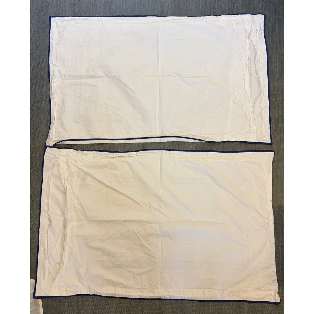 Pottery Barn King Pillow Shams Set of 2 White Navy Blue Bordered Coastal Cotton